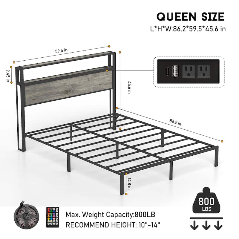 Rustic Grey Metal Bed Frame Platform Bed with Storage Headboard, RGB LED Light & Charging Station