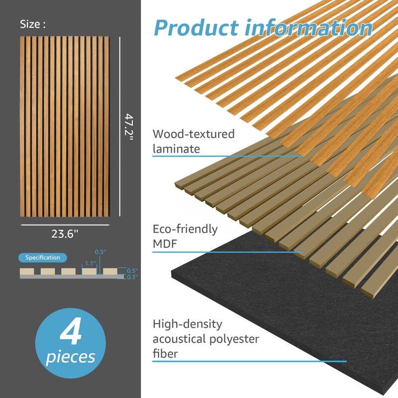 Art3d 23.6in x 47.2in Acoustic Wall Paneling,Slat Wall Cladding Siding Board,4pcs