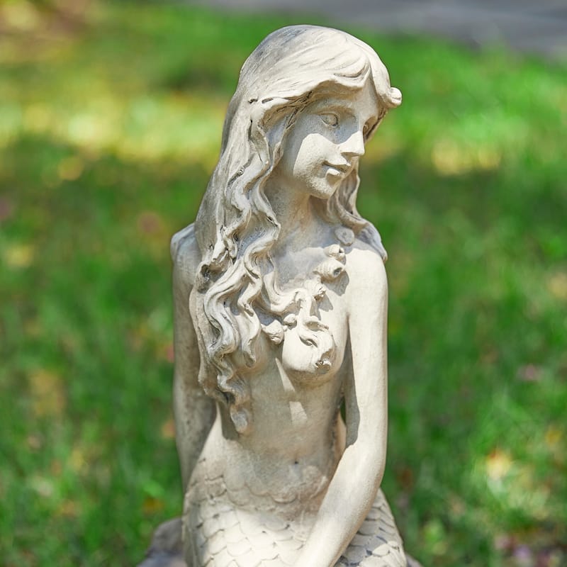 Glitzhome 20"H MGO Concrete Mermaid On Rocks Coastal Sculpture Poolside Garden Statue