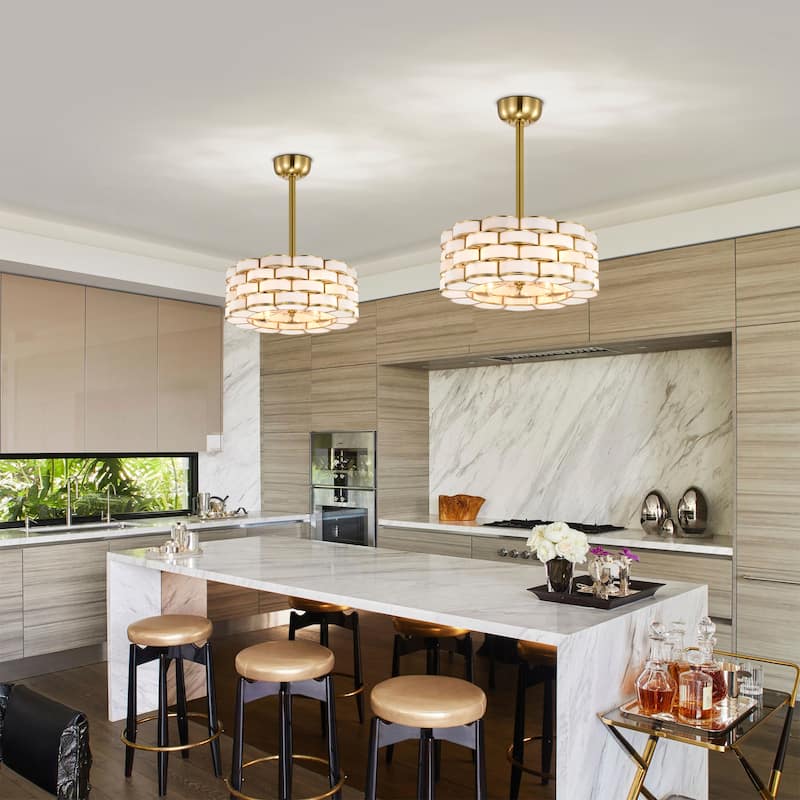 Lighted Ceiling Fan 6-Light Fandelier Brass Trim Opaque Glass Ribbon Weave Shade Remote Control