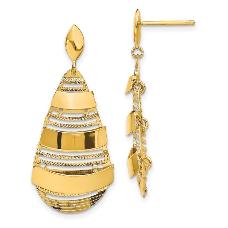 Curata 14k Yellow Gold Polished and Brushed Tear Drop Dangle Earrings 38x17.5mm