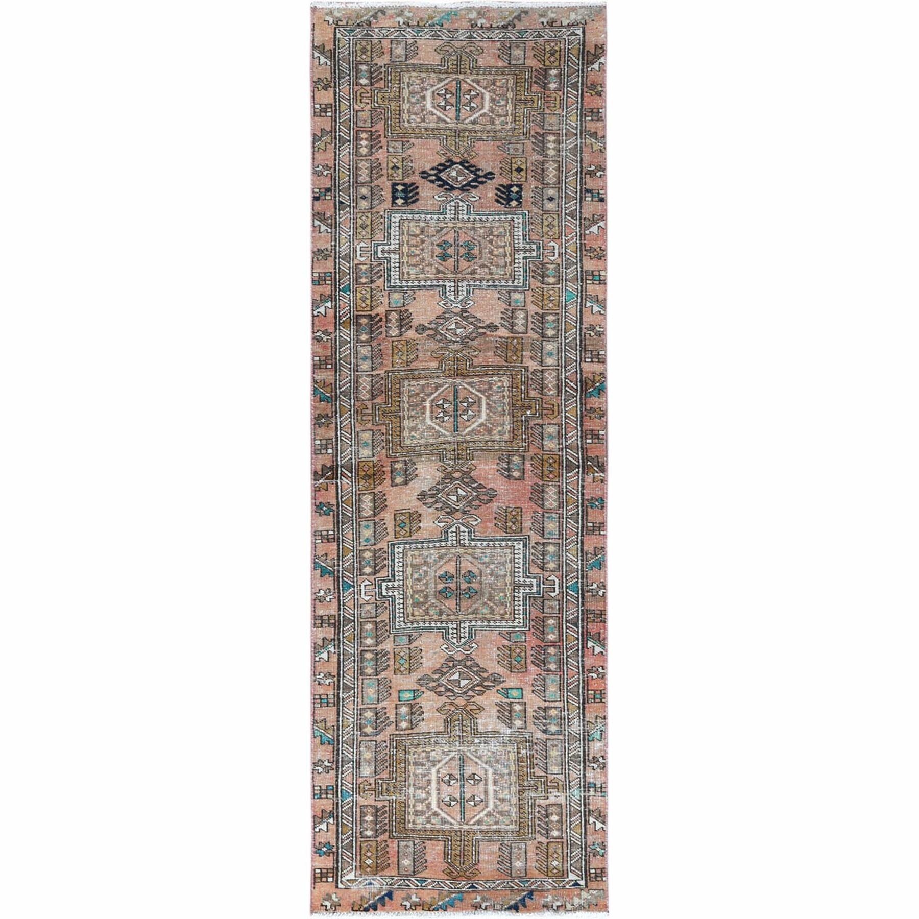Shahbanu Rugs Old Clean Peach Color Persian Karajeh Worn Down Natural Wool Bohemian Hand Knotted Oriental Runner Rug (3'0