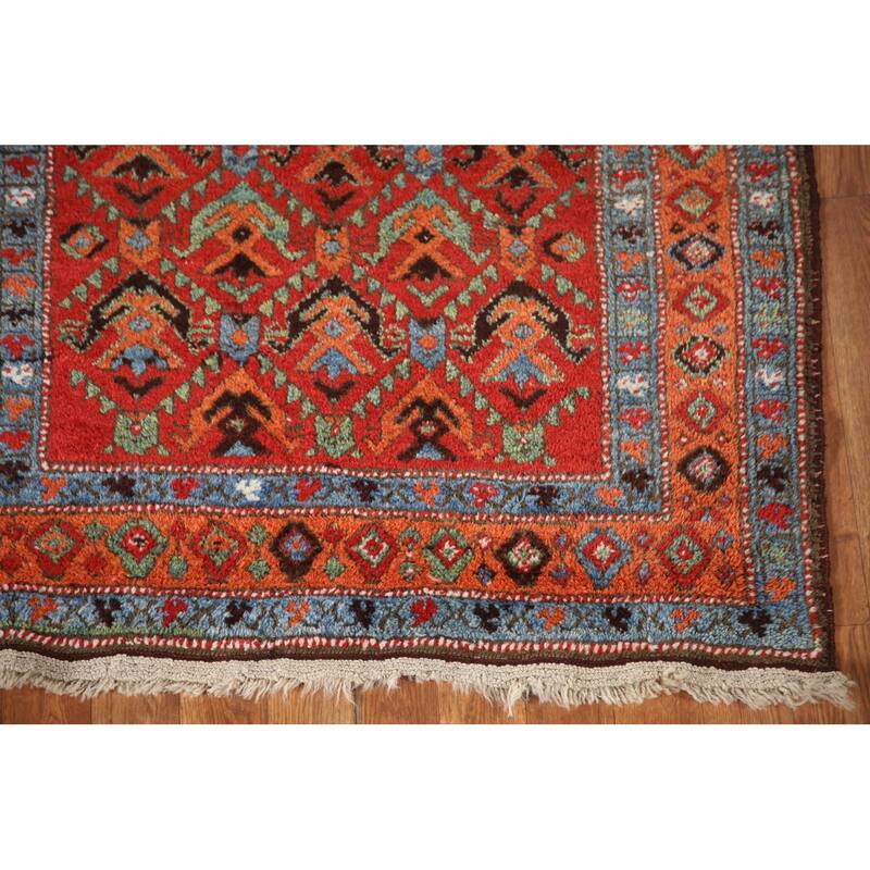 Hand Knotted Oriental 100% Wool Carpet Traditional All-Over Red Heriz Runner Rug - 13' 10'' X 3' 4''