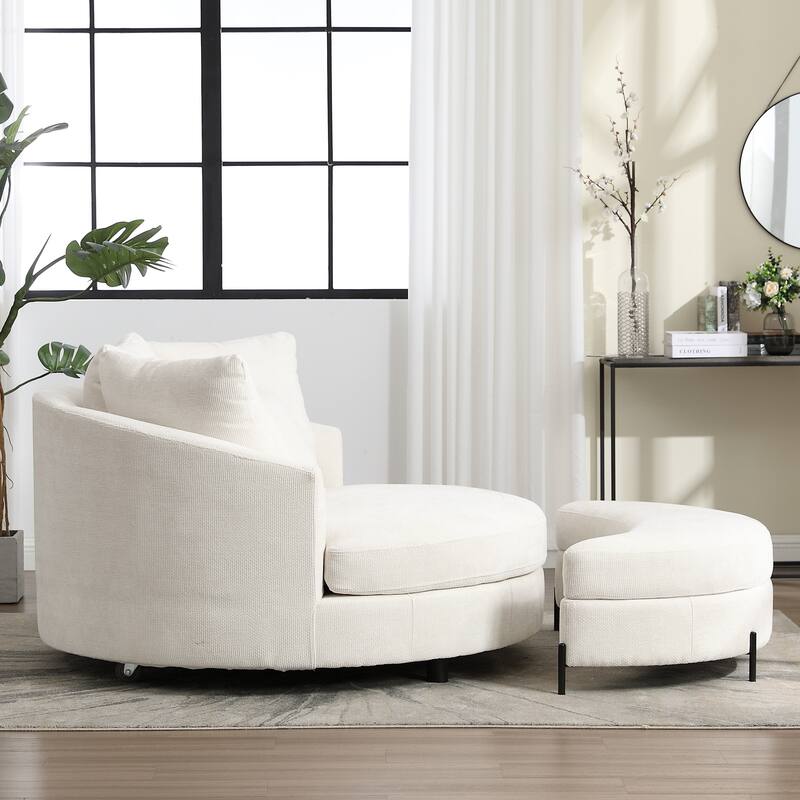 Modern Sofa Chair Round Accent Barrel Chair With 5 Pillows and Storage Ottoman
