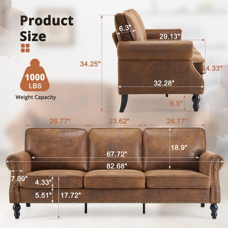83W ×32D ×31H Mid-Century Style Upholstered Multi-Person Sofa Indoor
