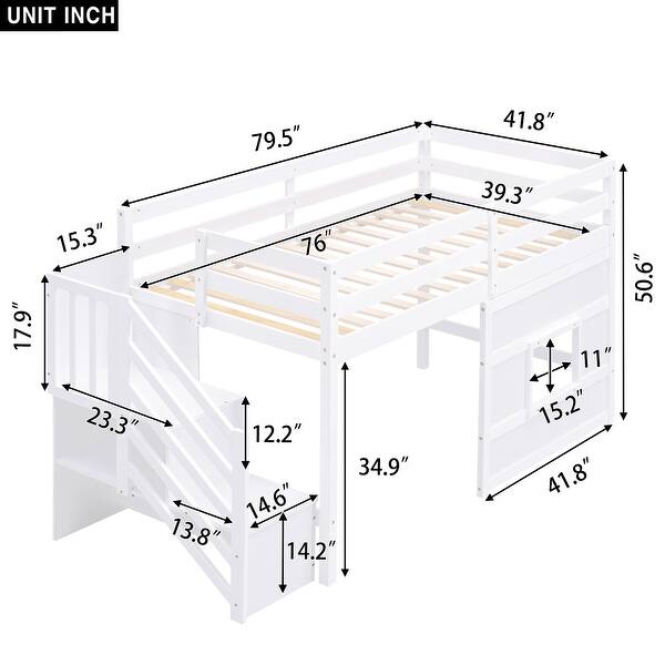 dimension image slide 1 of 2, Twin Size Playful Design Loft Bed with Storage Staircase and Window, No Box Spring Required, Sturdy Wood Frame, White