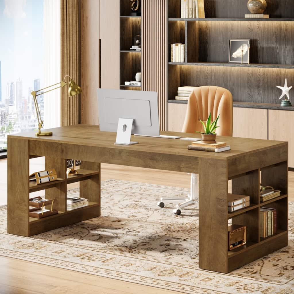 70.87-Inch Executive Desk with Storage Shelves, Wooden Large Office Computer Desk for Home Office