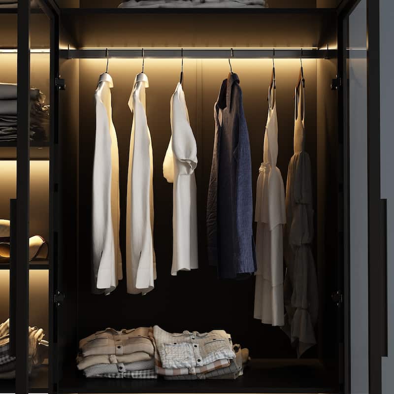 Lighted Modern Glass Door Wardrobe Armoire with Ample Storage - 47.2"