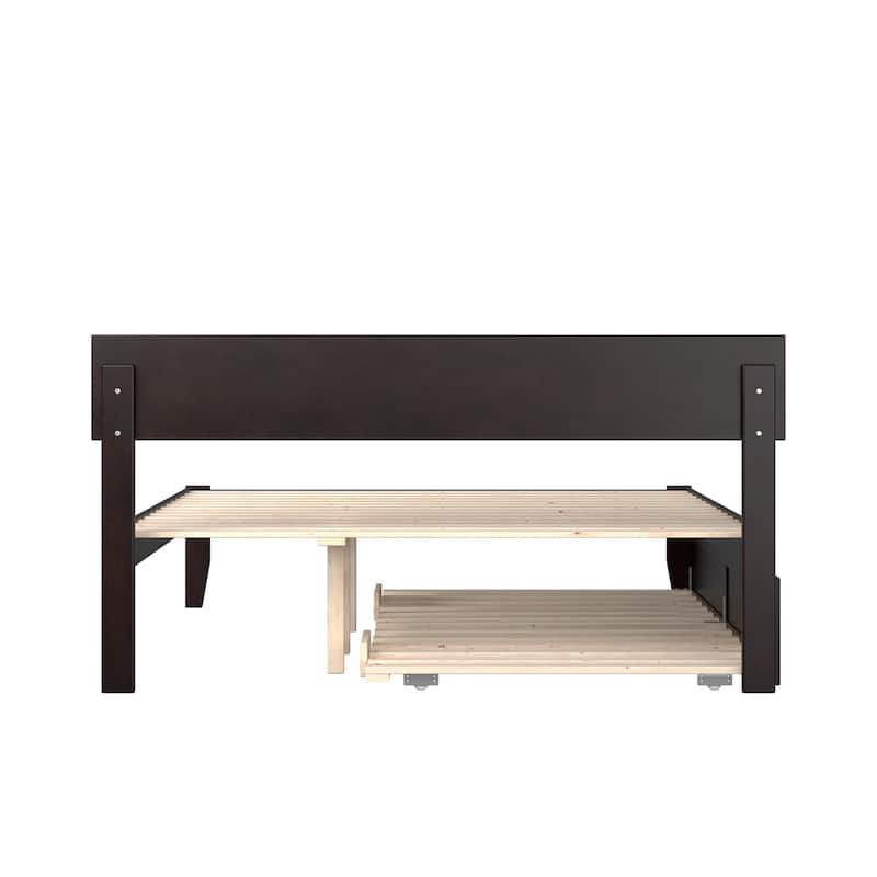 Twin XL Bed with Trundle - HomeStock Espresso Finish - Modern Panel Headboard - Durable Wood Frame
