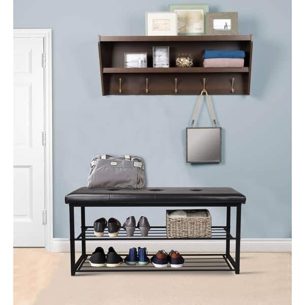 2 Tier Black Entryway Shoe Rack Bench with Cushioned Faux Leather