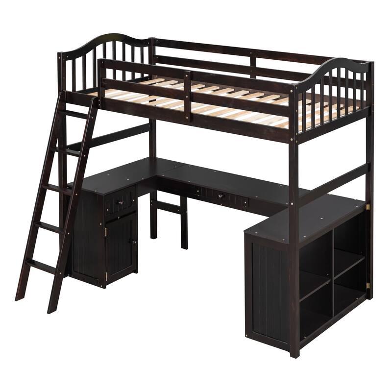 Twin Size Wooden Loft Bed with Desk, 2 Drawers, Cabinet, 4 Shelves, Full-Length Guardrail