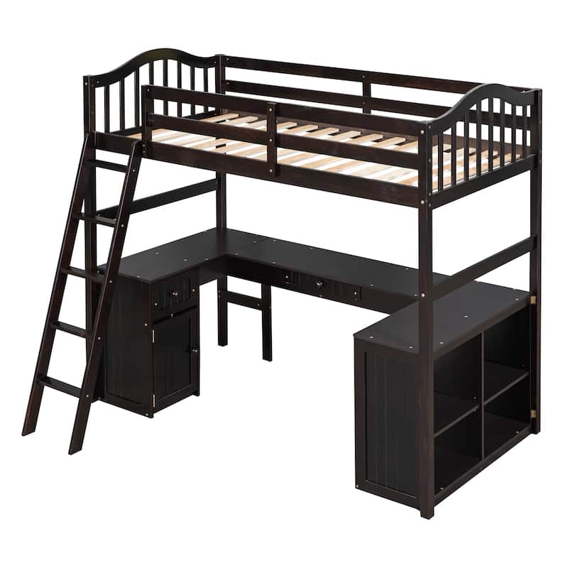 Twin Size Wooden Loft Bed with Desk, Storage Shelves, and Drawers, Gray Finish