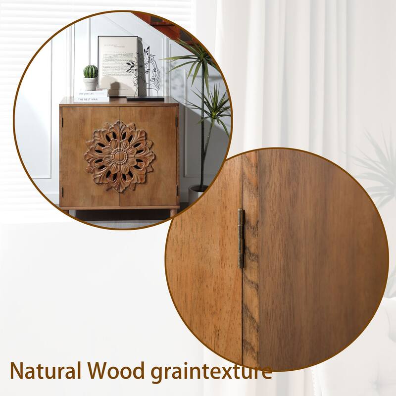 Rustic Hand-Carved Wooden Cabinet with Floral Doors, Boho 2-Door Accent Storage Sideboard for Living Room or Entryway