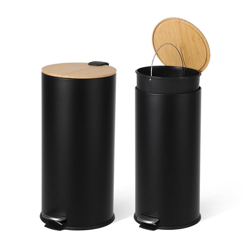 8 Gallon/30L Slim Stainless Steel Trash Can with Bamboo Lid Soft-Close Hands-Free Foot Pedal and Removable Bucket White - Black