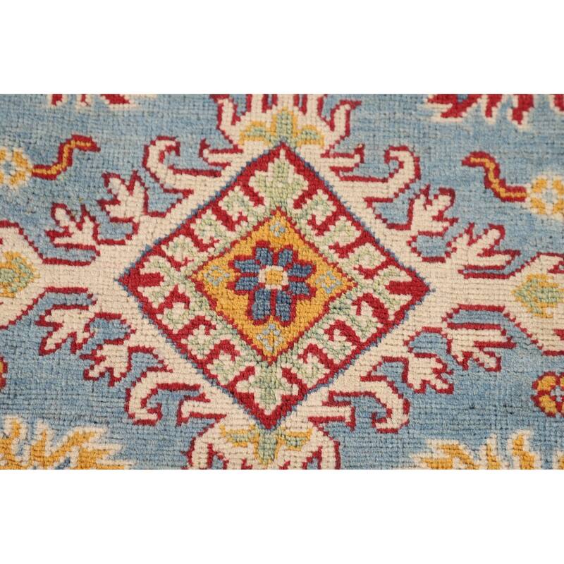 Light Blue Kazak Accent Rug Hand-Knotted Geometric Wool Carpet - 3'4"x 4'11"