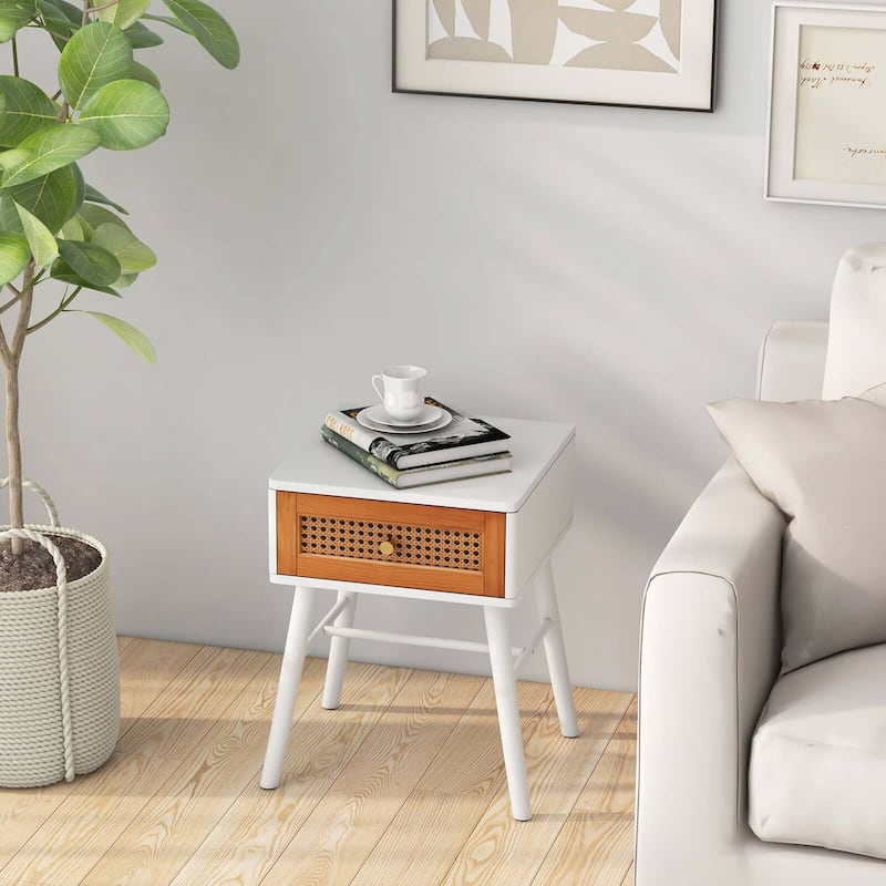 Costway 1/2 PCS Nightstand with Storage Drawer Rattan Decoration Solid