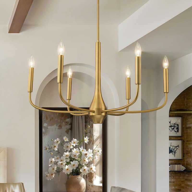 Mid-century Modern 6-Light Gold Candelabra Chandelier for Living/ Dining Room - 28.3" W × 16.5" H