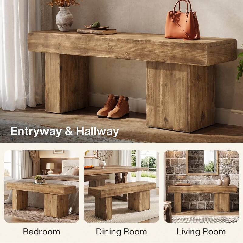 47 Inches Rustic Solid Wood Bench with Artistic Legs for Kitchen, Living Room, End of Bed