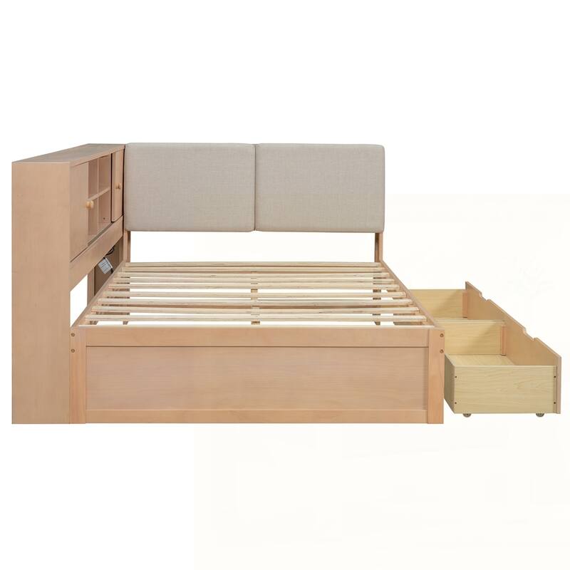 L-shaped Daybed Corner Bed with Storage Bookcase and USB Charging Ports