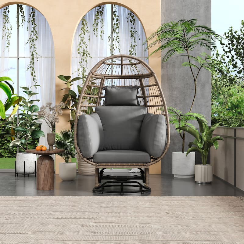 Outdoor Swivel Chair with Cushions, Rattan Egg Patio Chair with Rocking Function for Balcony, Poolside and Garden