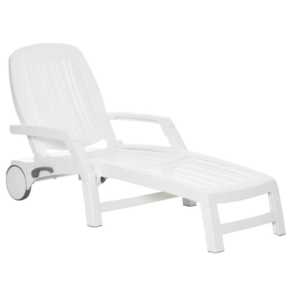 White Folding Sun Lounger with Adjustable Reclining Backrest Storage Box and Wheels - 78.75" L x 29.5" W x 16.25" H