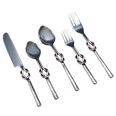 Elyon Reef Knot Reflective Silver 20 Piece Flatware Set Indian Artisan-Made Set Hand-Forged Stainless Steel Service for 4