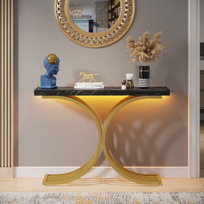43" Modern Console Table with Gold Base, Geometric Entryway Sofa Table for Living Room Faux Marble, Gold