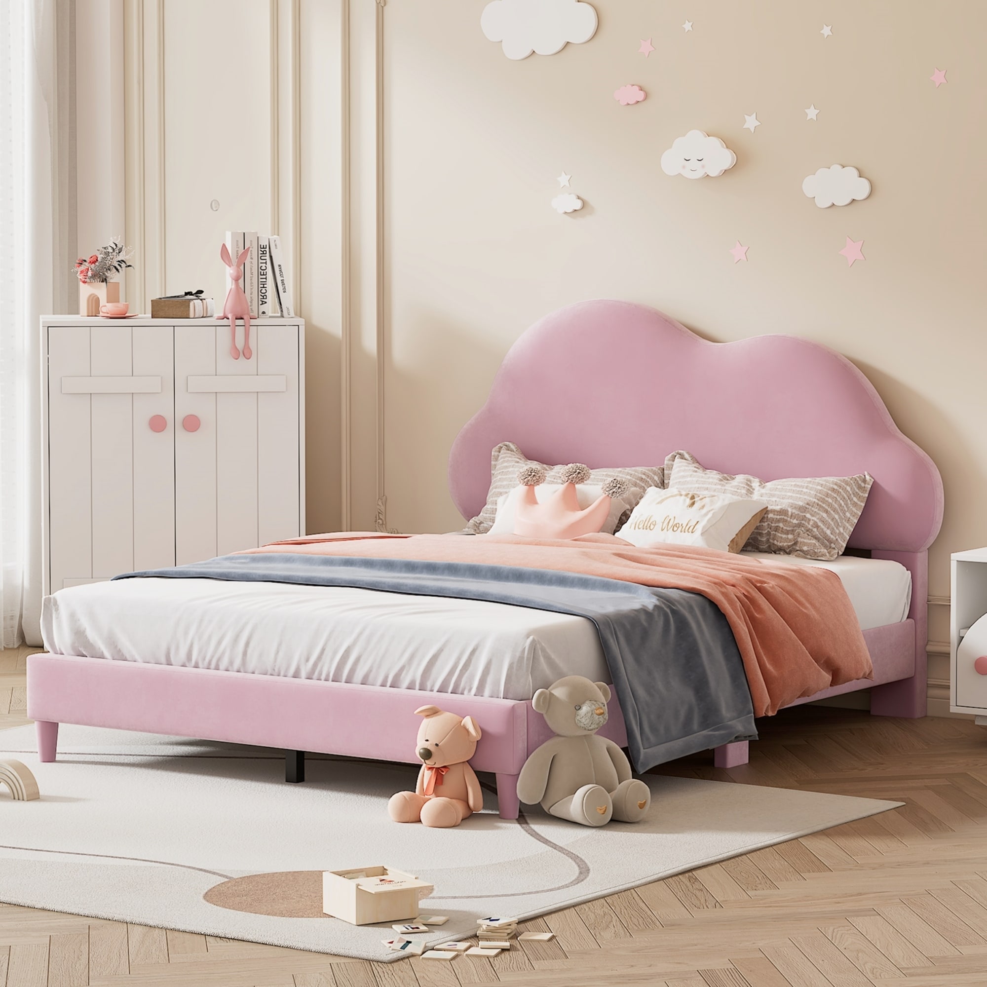 Full Size Pink Upholstered Cloud Shape Bed w Velvet Panel Bed