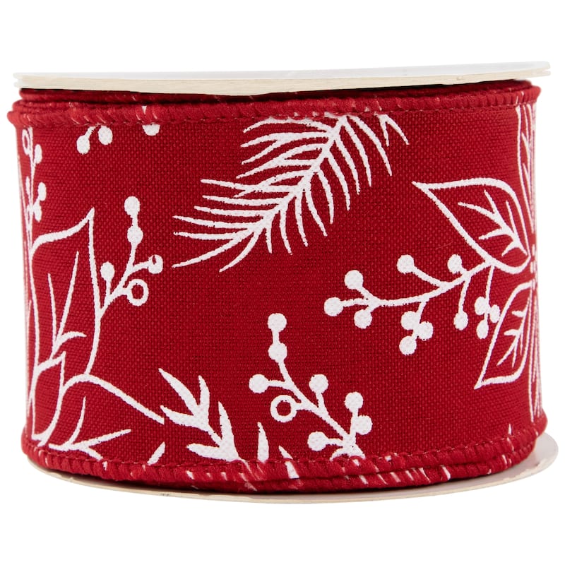 Red and White Floral Print Wired Craft Christmas Ribbon 2.5" x 10 Yards