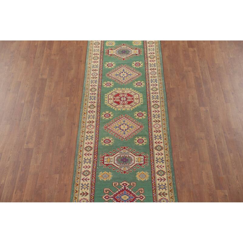 Green Kazak Runner Rug Hand-Knotted Wool Carpet - 2'8" x 16'3"
