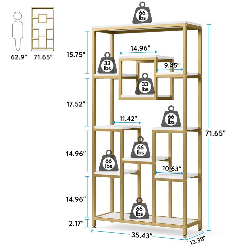 71 Inch Bookcase Bookshelves, Modern White Gold Etagere Bookshelf Display Rack
