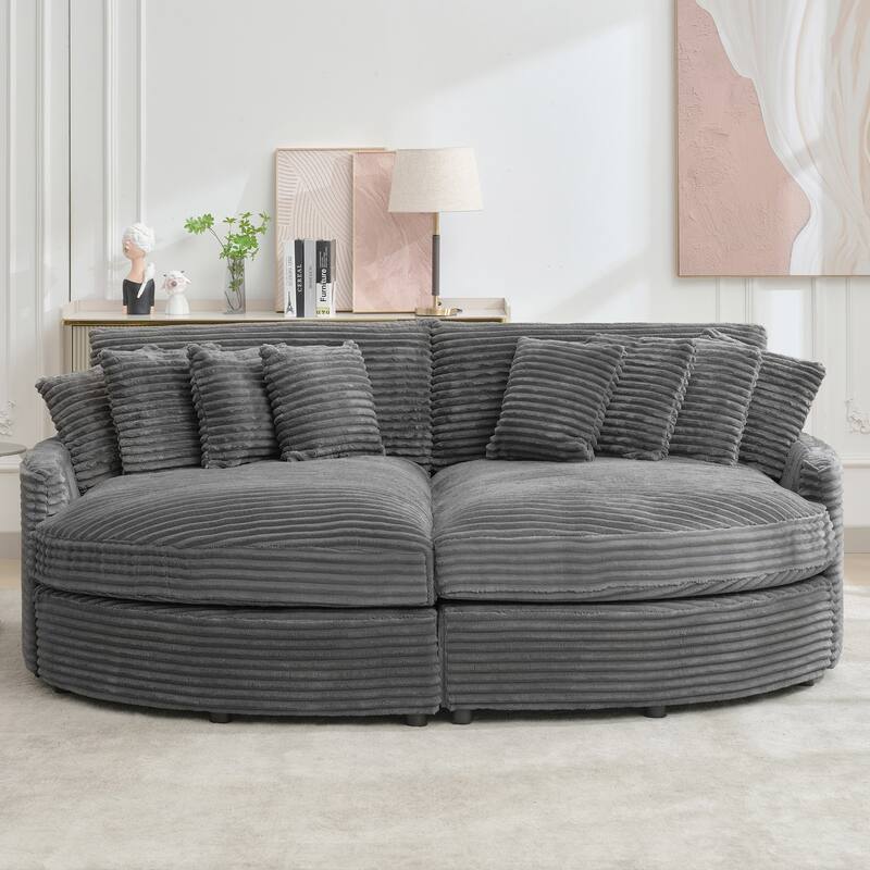 Oversized Fan-shaped Corduroy Couch, 2-piece Sectional Sofa with 4 & 8 Throw Pillows