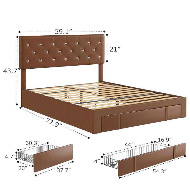 VECELO Bed Frame with Storage Drawers Leather Upholstered with Diamond Tufted Headboard Solid Wood Slat Support