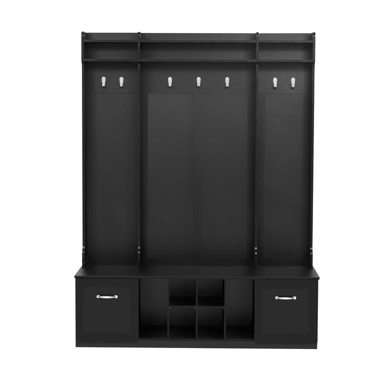 5-in-1 Entryway Bench with Coat Rack, 7 Sturdy Hooks, Adjustable Shelves, Drawers, and Metal Handles