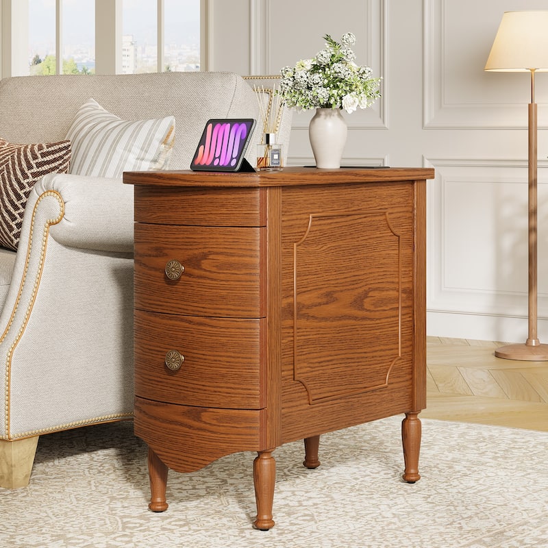 Rossetta Vintage Style Slim Narrow End Table with Convenient Charging Station and Deep Drawers, Easy Assembly