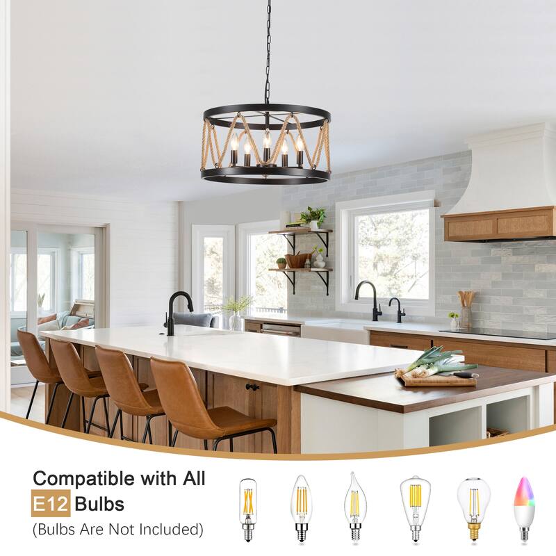 5-Light Hemp Rope Candlestick Hanging Linear Chandelier Lighting with Cloth Cover for Kitchen Island