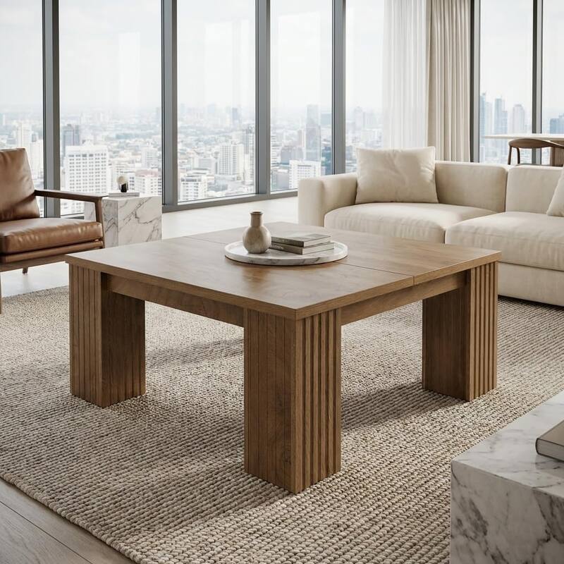 Farmhouse Square Coffee Table, 39-Inch Wooden Coffee Table, Large Center Table for Living Room