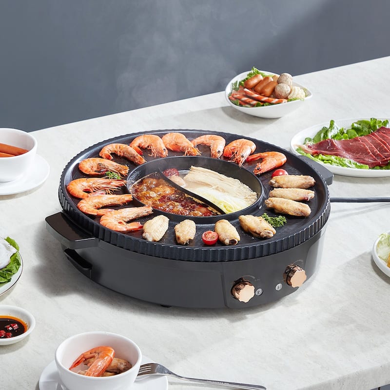 2.5L Electric Hot Pot Grill Combo with Non-Stick Surface and Dual Temp Control Ideal for Hot Pot and BBQ - 16.34” x 6.3”