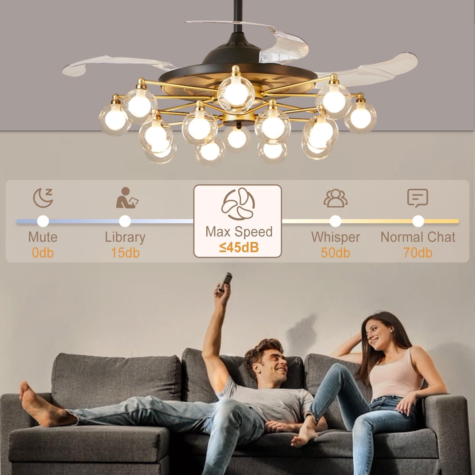 16 light Black and Gold Chandelier Ceiling Fans, Sputnik Fandelier with Double Glass Lampshade - 16-light