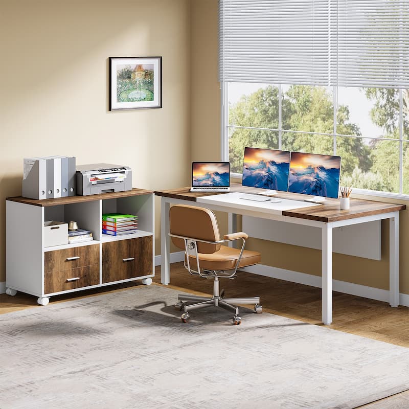 63 inch Executive Offic Desk and 39-Inch Drawers lateral File Cabinet, L-shaped Computer Desk, Home Office Set - Beige