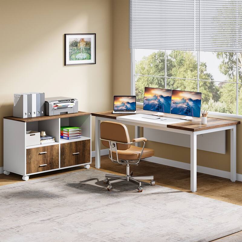 L-shaped Executive Computer Desk and lateral File Cabinet,63-inch Home Office Desk , ,Credenza Desk Set - Beige