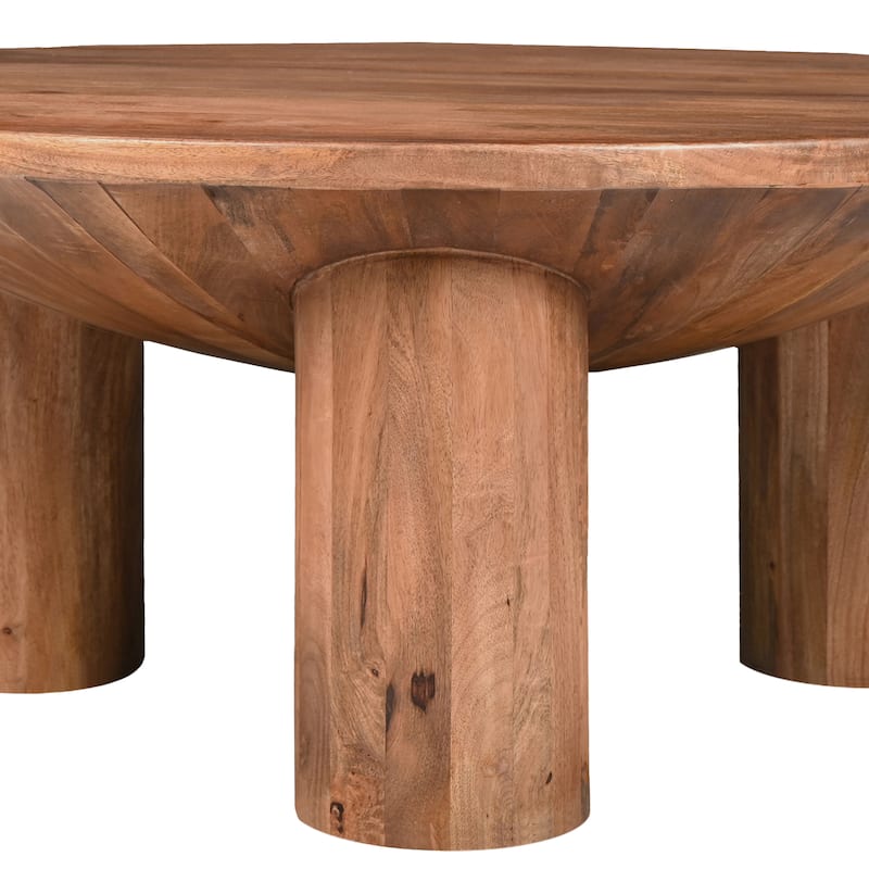 Meridian Coffee Table, 38 Inch Round Top, 3 Column Pillar Legs, Natural Brown Mango Wood