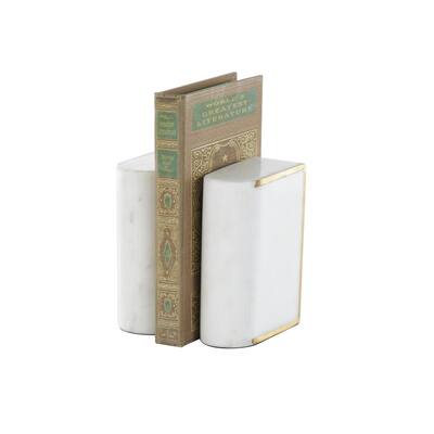 Marble Curved Rectangular Decorative Bookends with Gold Accents - Set of 2 White - Roche River Decor
