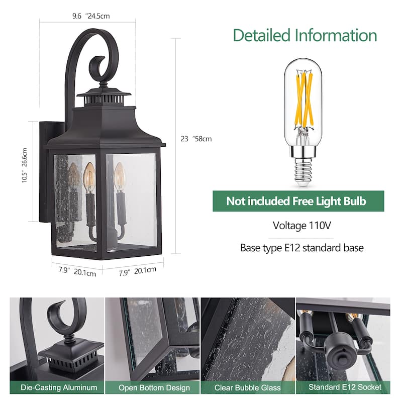 Single Pack Outdoor Wall Lantern – Classic Black Metal Sconce with Clear Seeded Glass (Bulb Not Included)