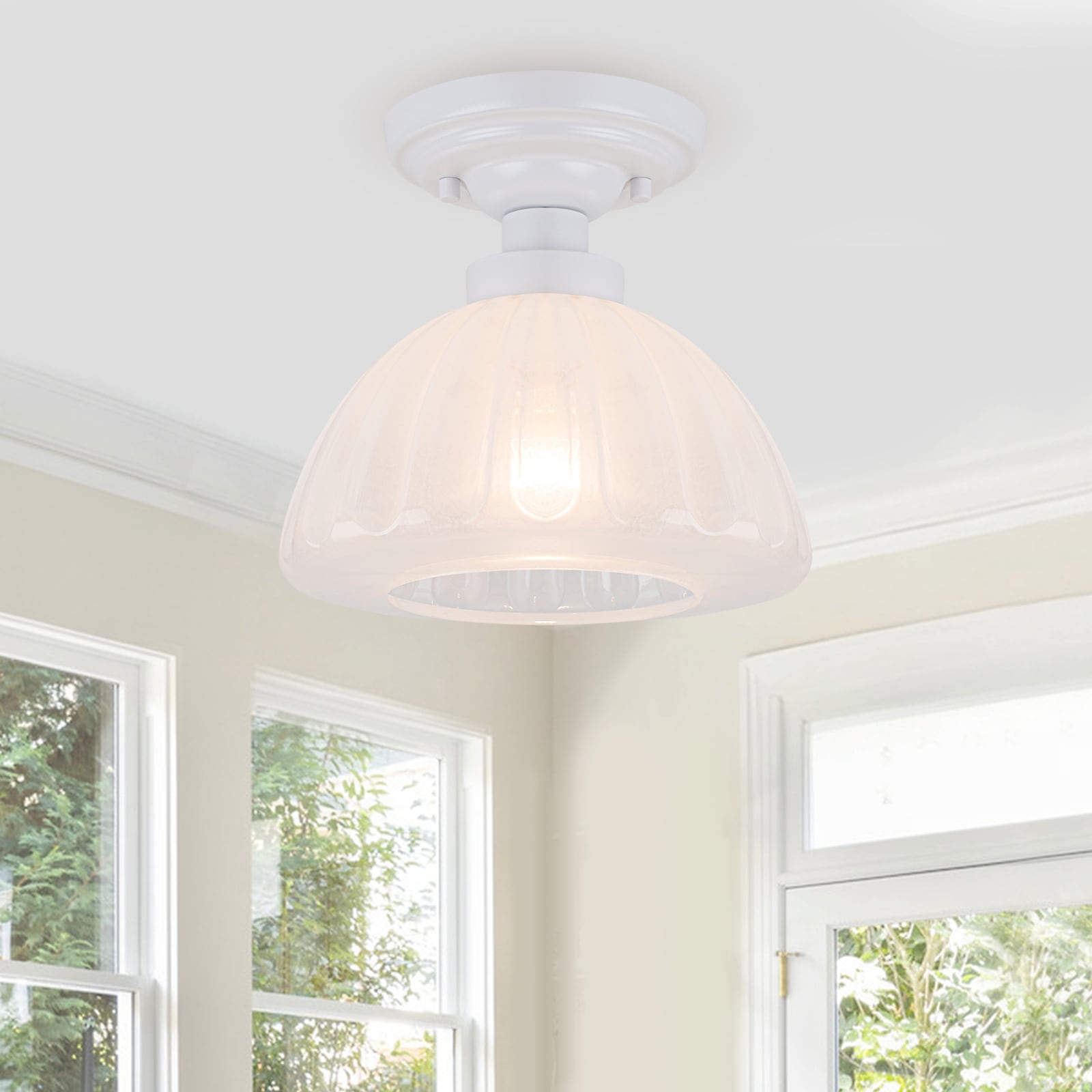 White Flush Mount Ceiling Light with Ribbed Cloud Glass Dome Shade - Dia.9.65-in