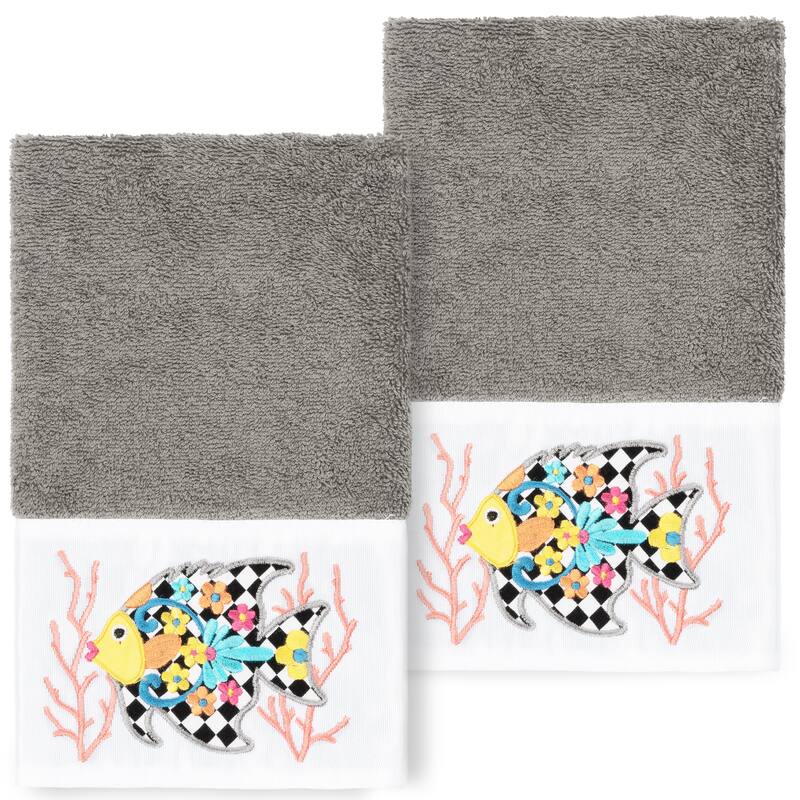 Authentic Hotel and Spa 100% Turkish Cotton Feliz 2PC Embellished Hand Towel Set - Dark Gray