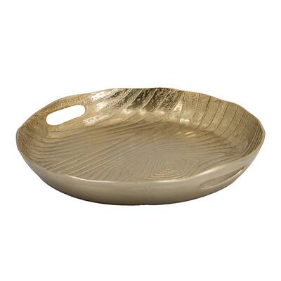 15 Inch Round Decorative Platter Tray, Sloped Rim, Texture Brass Gold