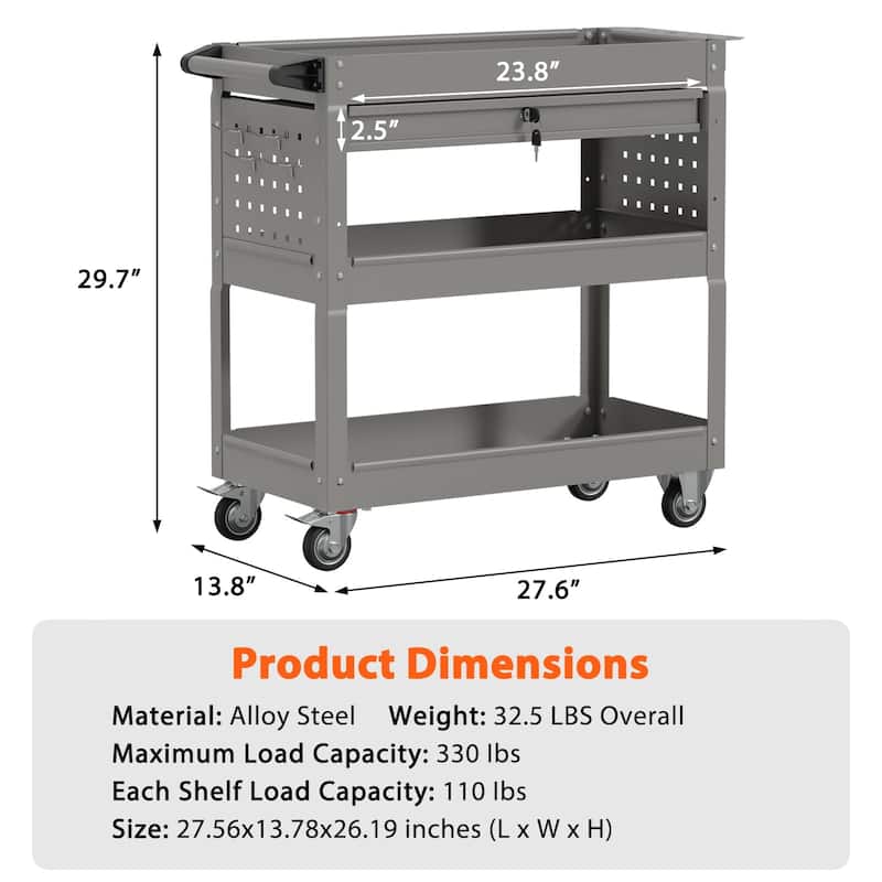 3-Tier Rolling Tool Cart on Wheels for Mechanics with Utility Drawer