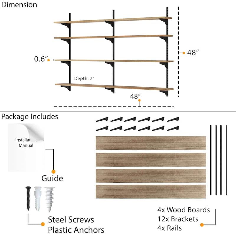 Wallniture Turin 48" Adjustable Shelves, Floating Bookshelves for Wall Decor, Real Wood Boards, Wall Mounted, 2,3 or 4 Tier