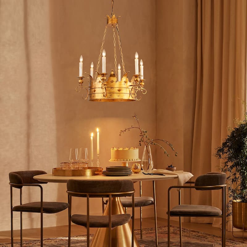 6-Light Luxury Retro Antique Gold Crown Metal Hanging Light Chandelier for Hallways,Living Room